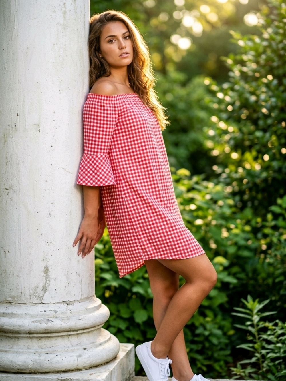City Streets Red and White Gingham Elastic-Neck Top